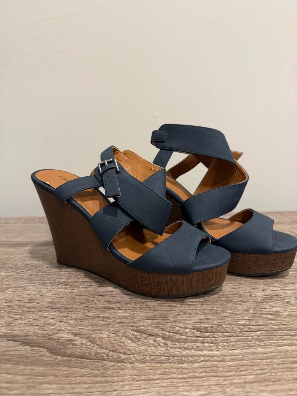 Indigo Navy Crisscross Wedge Sandals with Wood-Textured Platform